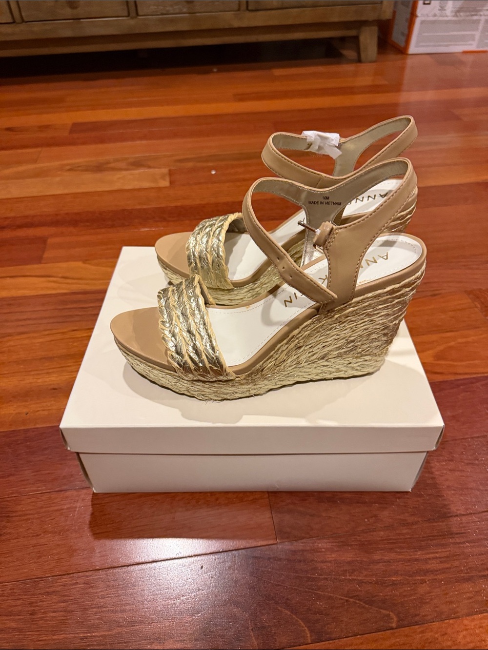 Anne Klein Tan and Natural Espadrille Wedge Sandals